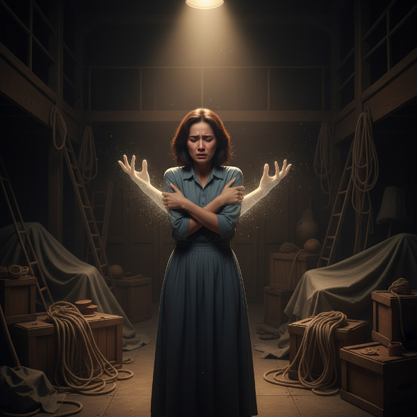 นักแสดงหญิงยืนอยู่หลังเวทีที่มืด ดูอ่อนแอและหวาดกลัว มีมือเลือนรางจับตัวเธอ แสงไฟเวทีส่องสว่างเป็นสัญลักษณ์แห่งการเยียวยา