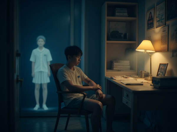 ภาพชายวัยรุ่นไทยในหอพัก มองเห็นภาพเพื่อนที่จากไปอย่างเงียบ ๆ สะท้อนความรู้สึกโศกเศร้าและบาดแผลทางใจหลังการสูญเสีย