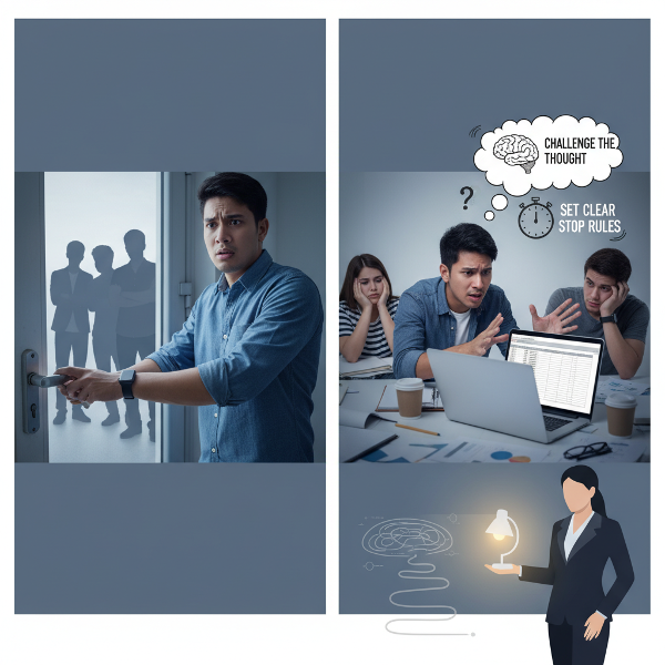 ภาพแสดงชายไทยวัย 20 ปีที่มีนิสัยชอบจัดระเบียบและตรวจสอบซ้ำซ้อนจนกระทบชีวิตประจำวันและความสัมพันธ์ พร้อมคำแนะนำจากนักจิตวิทยาเพื่อลดพฤติกรรมดังกล่าว