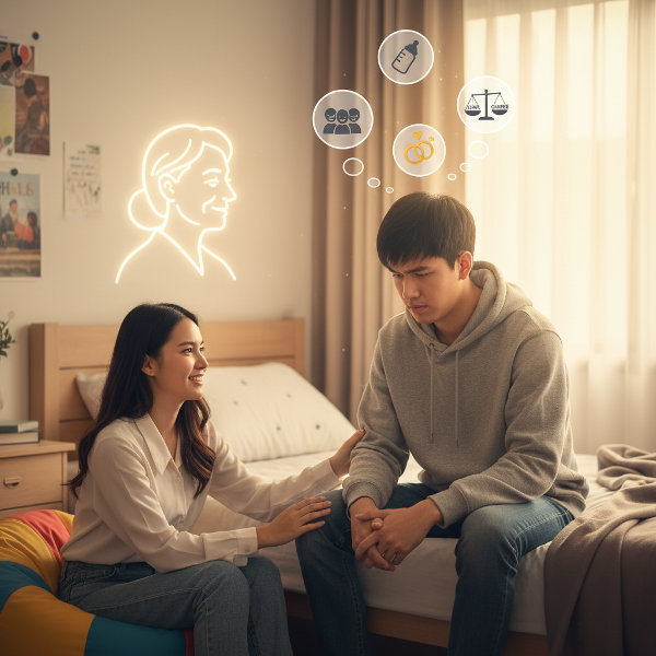 ภาพวัยรุ่นชายสับสนกับความสัมพันธ์ใกล้ชิดและแรงกดดันรอบตัว ได้รับคำแนะนำจากนักจิตวิทยาสว่าง