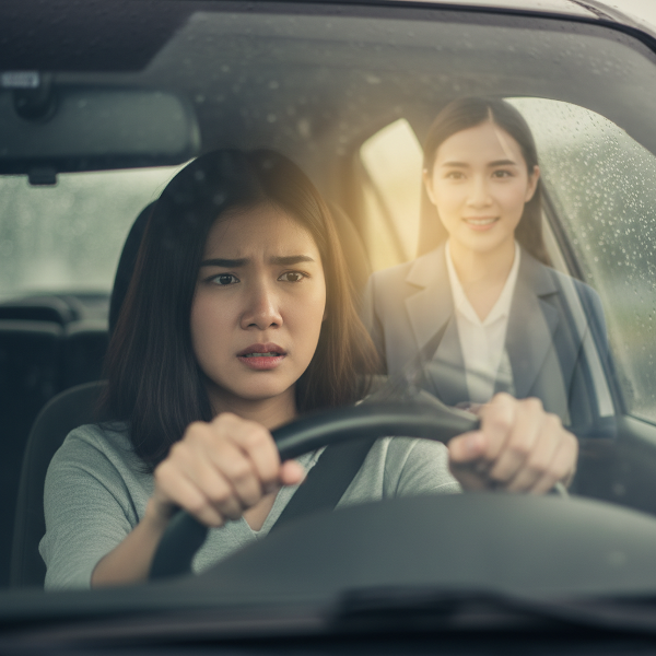 ภาพหญิงไทยวัย 26 ปีกำลังกังวลขณะขับรถ หลังประสบอุบัติเหตุเล็กน้อย แสดงความกลัวที่จะถูกชนอีกหรือไปชนคนอื่น พร้อมสัญลักษณ์ของการได้รับคำแนะนำเพื่อฟื้นฟูความมั่นใจ