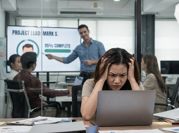 ภาพหญิงสาวในออฟฟิศกำลังเผชิญกับการกลั่นแกล้งและแย่งเครดิตงานจากเพื่อนร่วมงานชาย