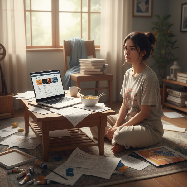 ภาพหญิงสาวไทยวัย 21 ปี กำลังรู้สึกสับสนไร้เป้าหมายหลังเรียนจบ นั่งอยู่ในห้องที่มีแสงส่องผ่านหน้าต่าง ดูซีรีย์และหางานไม่เจอ แสดงถึงความรู้สึกซึมเศร้าและชีวิตที่หยุดนิ่ง