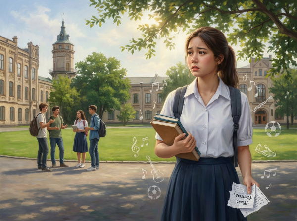 ภาพนักศึกษาหญิงรู้สึกโดดเดี่ยวและเครียดในมหาวิทยาลัยใหม่ พร้อมองค์ประกอบที่สื่อถึงการหาทางปรับตัวและสร้างความสัมพันธ์