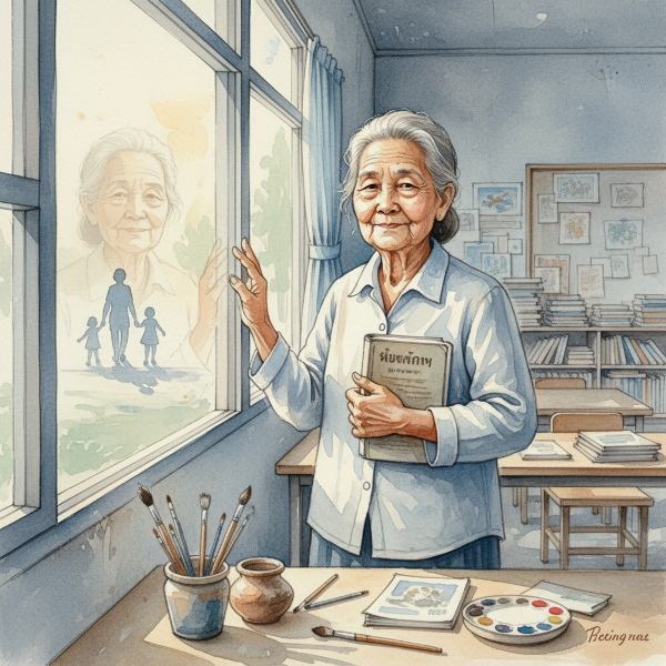 ภาพที่สื่อถึงการค้นหาตัวตนและคุณค่าใหม่ในวัยเกษียณ ผ่านสัญลักษณ์ของความทรงจำ การสอน และความฝันที่ยังไม่จางหาย
