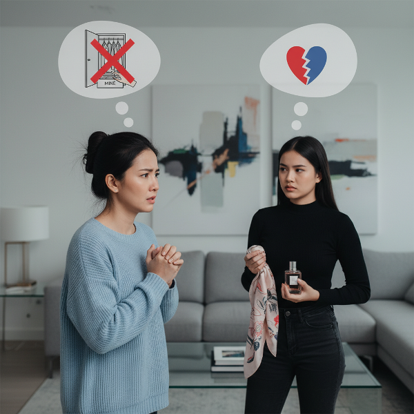 ภาพแสดงหญิงสาวกำลังเผชิญความขัดแย้งกับพี่สาวแฟนเรื่องการใช้ของส่วนตัวโดยไม่ขออนุญาต ในบรรยากาศตึงเครียดภายในบ้าน