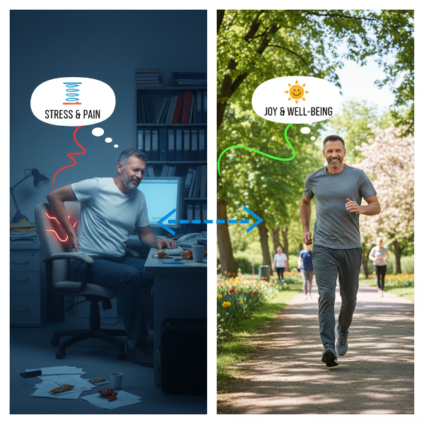 ภาพแสดงความเชื่อมโยงระหว่างการทำงานจากบ้านในสภาพแวดล้อมจำกัดกับอาการปวดเมื่อยร่างกาย และการได้ออกไปทำกิจกรรมนอกบ้านกับความสดชื่นขึ้นทั้งกายและใจ