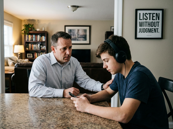 ภาพพ่อกับลูกวัยรุ่นนั่งคุยกันในบรรยากาศสบายๆ ที่บ้าน พ่อแสดงท่าทีเปิดใจรับฟัง ในขณะที่ลูกเริ่มสบายใจมากขึ้น