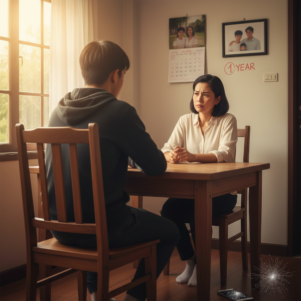 ภาพคุณแม่ชาวไทยอายุ 33 ปี กำลังกังวลกับลูกชายวัย 16 ปีที่แสดงพฤติกรรมก้าวร้าวและห่างเหิน หลังพ่อย้ายไปทำงานต่างประเทศ