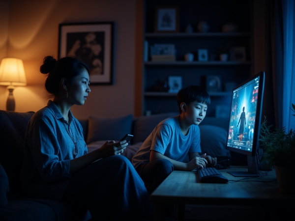 ภาพแม่ชาวไทยวัย 42 ปี กำลังกังวลใจขณะมองไปที่ลูกชายวัยรุ่นในห้องที่ติดเกมออนไลน์และโทรศัพท์ แสดงถึงความวิตกเกี่ยวกับผลการเรียนและความสัมพันธ์ในครอบครัว