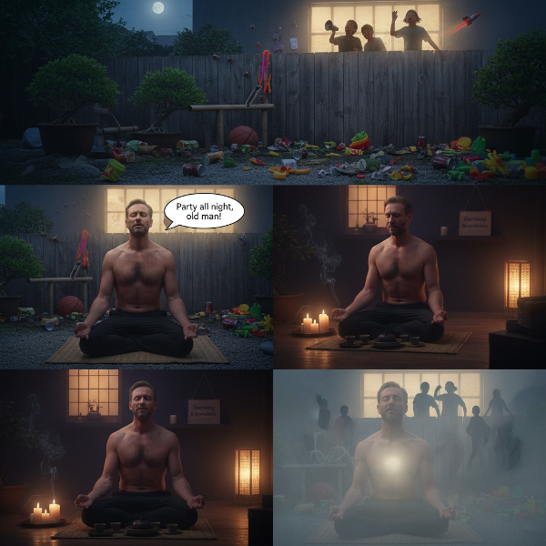 ภาพชายครูสอนโยคะในสวนที่ถูกรบกวนจากเพื่อนบ้าน กำลังฝึกจัดการความโกรธและตั้งขอบเขตอย่างสงบ