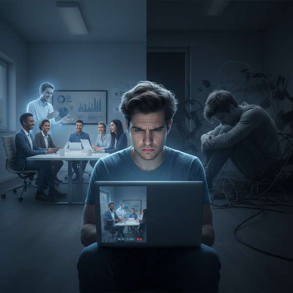 ภาพแสดงชายหนุ่มทำงานคนเดียวในห้องเล็ก รู้สึกขัดแย้งระหว่างความต้องการเข้าสังคมกับความกลัวการปฏิสัมพันธ์