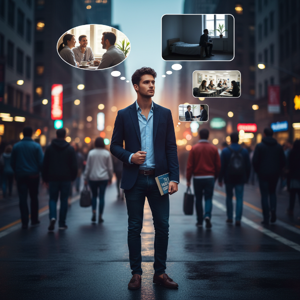 ภาพแสดงชายวัยทำงานใหม่ในเมืองใหญ่ที่รู้สึกเหงาและเป็นส่วนเกิน กำลังเรียนรู้วิธีปรับตัวและสร้างความเชื่อมโยงผ่านการสังเกต การสร้างกิจวัตร และการเป็นตัวเอง