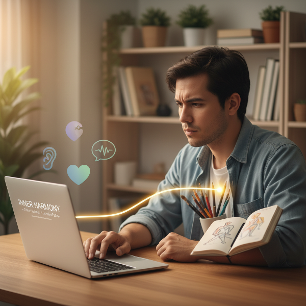 ภาพชายไทยวัย 27 ปี นั่งครุ่นคิดระหว่างโลกของจิตวิทยาการให้คำปรึกษากับความสนใจในศิลปะ สื่อถึงการค้นหาสมดุลในเส้นทางอาชีพ