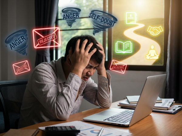 ภาพชายไทยวัย 29 ปีกำลังเผชิญกับความหงุดหงิดและความโกรธตัวเองจากการตกงานและถูกปฏิเสธงานซ้ำๆ พร้อมกับทางออกในการจัดการอารมณ์และหางานใหม่