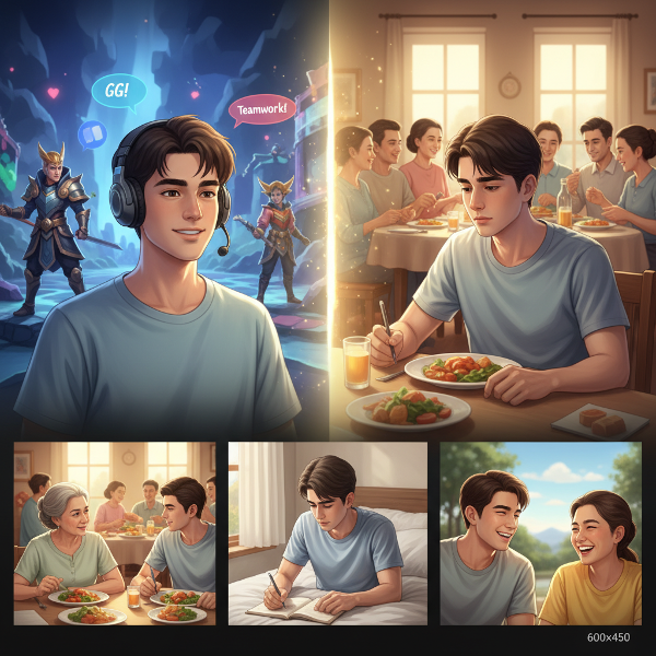 ภาพแสดงชายไทยวัย 19 ปี รู้สึกเหงาและมีกำแพงกั้นในใจแม้อยู่ท่ามกลางผู้คน เปรียบเทียบระหว่างความมั่นใจในโลกออนไลน์กับความเงียบในชีวิตจริง และการเริ่มต้นก้าวเล็กๆ เพื่อเชื่อมต่อกับคนรอบข้างมากขึ้น