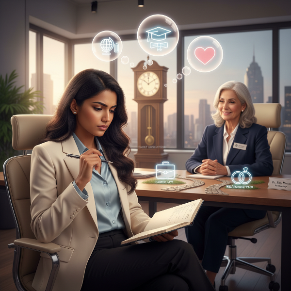 ภาพหญิงสาววัยทำงานกำลังครุ่นคิดถึงทางเลือกในชีวิตระหว่างงานกับความสัมพันธ์ภายใต้แรงกดดันจากครอบครัว มีนักจิตวิทยาคอยให้การสนับสนุน