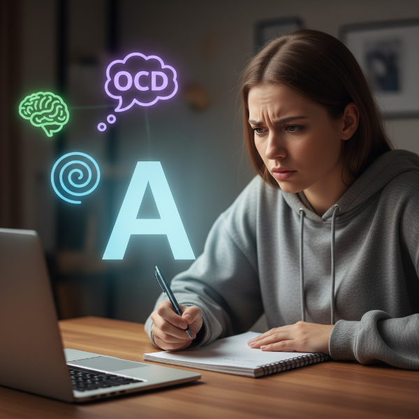 ภาพหญิงสาวกำลังเผชิญกับการบังคับให้เขียนตัวอักษร 'a' ก่อนเสมอ สื่อถึงความวิตกกังวลจากอาการคล้าย OCD และเส้นทางสู่การบำบัด