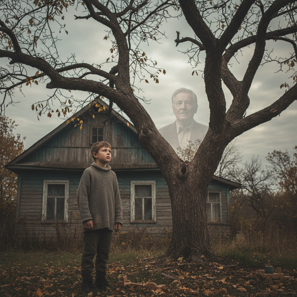 Isang batang lalaki na nag-iisa sa harap ng isang puno, na nagpapakita ng kalungkutan at pag-iisa pagkatapos ng pagkawala ng kanyang lolo.