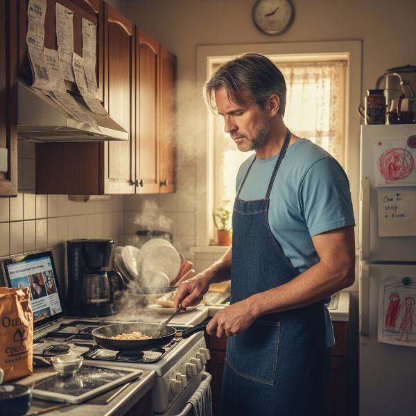 Isang lalaki sa kusina na nakakaranas ng biglaang pagsiklab ng galit sa mga simpleng bagay, habang may simbolikong liwanag na nagpapahiwatig ng pag-unawa sa kanyang emosyon.