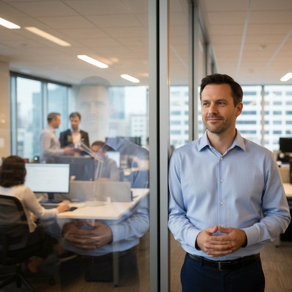 Isang lalaking nakaharap sa salamin sa opisina, sumasalamin sa kanyang pag-aatubili at pagnanais na mapalakas ang tiwala sa sarili.