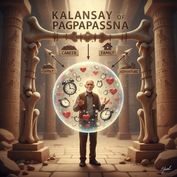 Isang larawan ng isang lalaki na nahihirapan sa paggawa ng desisyon, kinakatawan ng isang malaking kalansay, na napapaligiran ng mga simbolo ng pagkabalisa at pagkaantala.