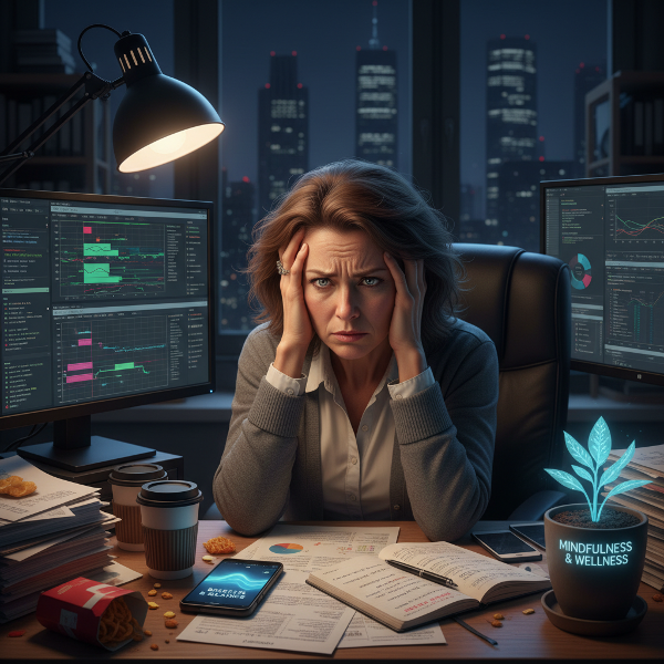 Isang larawan ng isang propesyonal na babae sa isang opisina, nakatingin sa isang kalendaryong puno ng mga takdang-aralin habang humihinga nang malalim, na nagpapakita ng paghahanap ng kapayapaan sa gitna ng stress sa trabaho.