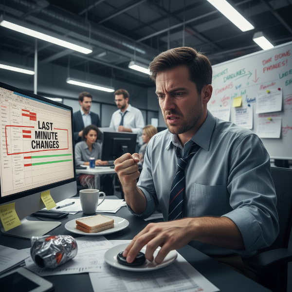 Isang lalaking propesyonal na nakatingin sa malayo, na may mga simbolo ng stress at deadline sa paligid, habang sinusubukan niyang magpahinga gamit ang malalim na paghinga.