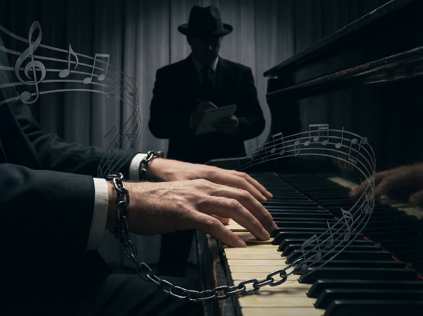 Isang larawan ng isang concert pianist na kinakabahan, na nagpapakita ng tensyon sa pagitan ng sining at ng mapanupil na pagnanais na maging perpekto.