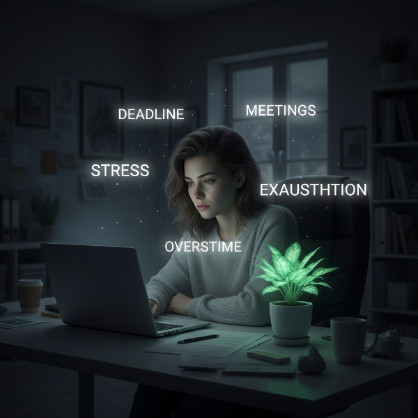 Isang visual na representasyon ng burnout sa trabaho, na nagpapakita ng isang babae na napapaligiran ng mga simbolo ng stress at pagod, ngunit may pag-asa sa anyo ng isang halaman.