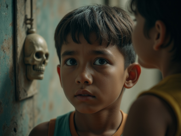 Isang malungkot na batang lalaki sa paaralan na kinakalinga ng kanyang ina, na naglalarawan ng emosyonal na epekto ng pang-aapi at ang kahalagahan ng suporta ng magulang.