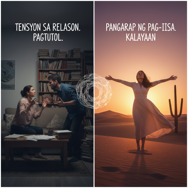 Isang babae na nakikipagtalo sa asawa sa loob ng bahay, habang may overlay ng panaginip na nag-iisa sa disyerto, na sumisimbolo sa sikolohikal na repression at pagkabalisa sa relasyon.