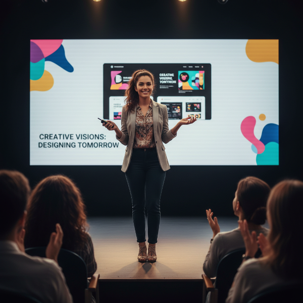 Isang larawan ng isang babaeng graphic designer na may tiwala sa sarili habang nagpe-presenta, kumakatawan sa pagtagumpayan ng pagkabalisa at pagbuo ng kumpiyansa.