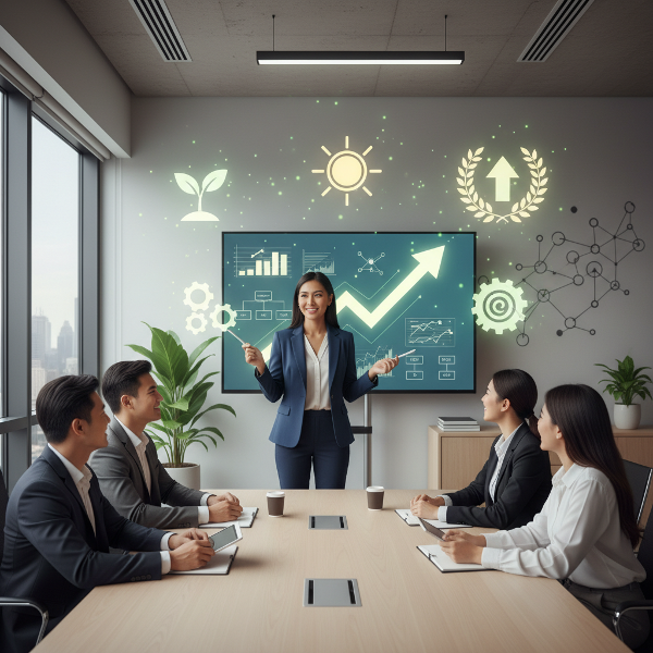 Isang larawan ng isang babaeng propesyonal na nagpapakita ng kumpiyansa sa trabaho habang nagpapahayag ng mga ideya, na napapalibutan ng mga simbolo ng personal na paglago at positibong enerhiya.