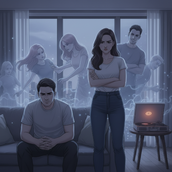 Isang mag-asawang Filipino sa isang modernong apartment, nag-uusap ngunit may tensyon. May mga ghostly figure sa paligid na kumakatawan sa mga ikatlong partido sa kanilang open relationship. Ang eksena ay puno ng emosyonal na kalituhan at malalim na pag-iisip.