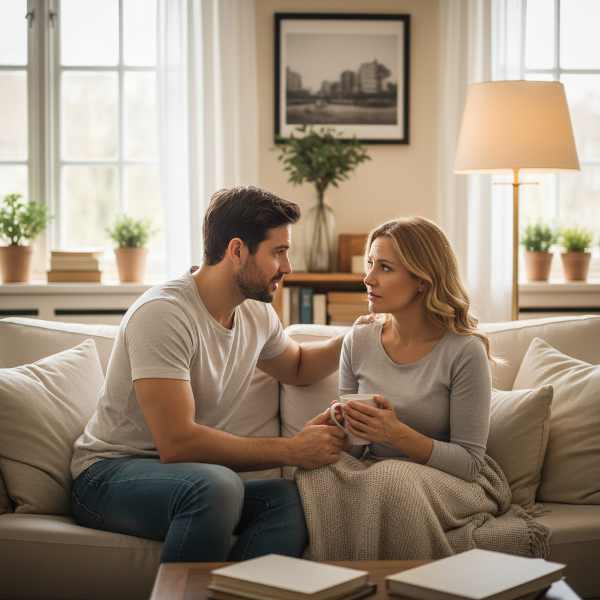 Isang mag-asawang nag-uusap nang mahinahon sa kanilang tahanan, nagpapakita ng pag-unawa at suporta sa gitna ng mga hamon sa kanilang relasyon.