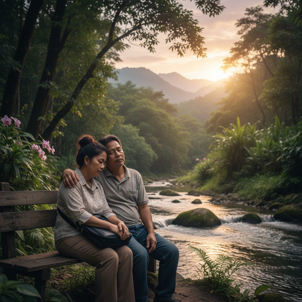 Isang mag-asawang naglalakad sa isang parke, hawak-kamay, na naghahanap ng emosyonal na koneksyon at kapayapaan mula sa pang-araw-araw na stress.