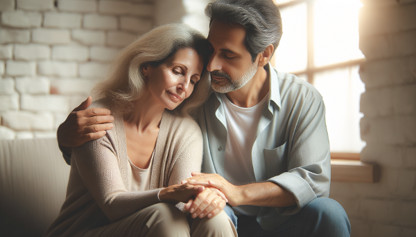 Isang mag-asawa na nag-uusap nang mahinahon sa isang tahimik na silid, nagpapakita ng suporta at pag-unawa sa isa't isa sa kabila ng mga hamon sa kanilang relasyon.