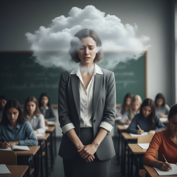 Isang midlife na guro na nakakaranas ng depresyon, umiiyak sa gitna ng pagtuturo habang napapalibutan ng malungkot na ulap at kawalan ng pag-asa.