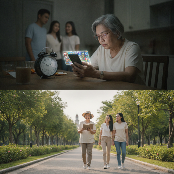 Isang matandang babae na dating guro, nakaharap sa cellphone na may laro, may orasan na 3 AM, pamilyang nag-aalala, at sa kabilang bahagi siya ay naglalakad at nagbabasa, simbolo ng pagbabago.
