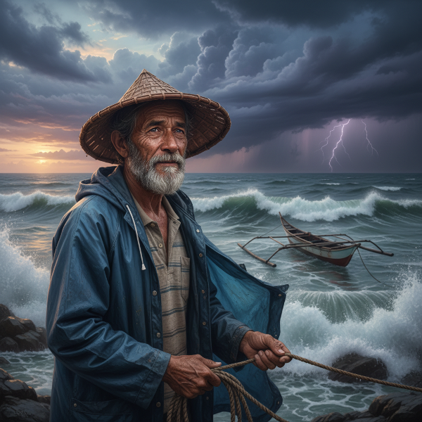 Isang matandang mangingisda na nakaharap sa dagat, na may bagyong nagbabanta sa malayo, na sumisimbolo sa kanyang trauma at paghahanap ng pag-asa.