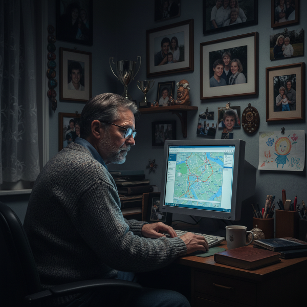 Isang matandang lalaki na nakaharap sa computer sa isang tahimik na silid, napapaligiran ng mga larawan ng pamilya at personal na gamit, na sumisimbolo sa paghahanap ng sarili at pagharap sa mga hamon pagkatapos ng pagkawala.