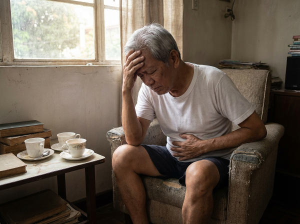 Isang larawan ng isang matandang lalaki na nakatingin sa labas ng bintana, na nagpapakita ng pag-iisa at pag-iisip pagkatapos ng pagreretiro, na may mga simbolo ng stress at emosyonal na pagbabago.