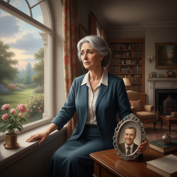 Isang matandang lalaking guro na nag-iisa sa kanyang bahay, nagmumuni-muni habang may pag-asang sumisilip sa kanyang mga mata, na may larawan ng kanyang asawa sa tabi.