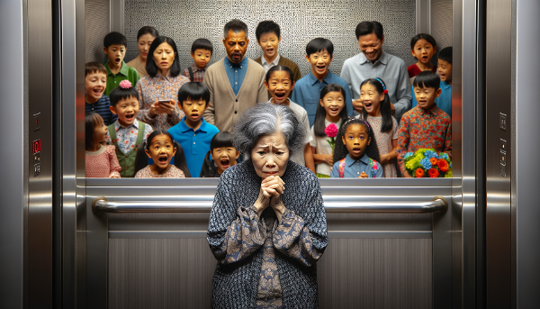 Isang matandang babae sa loob ng elevator na napapalibutan ng mga bata, na nagpapakita ng pagkabalisa at takot sa pagtanda.
