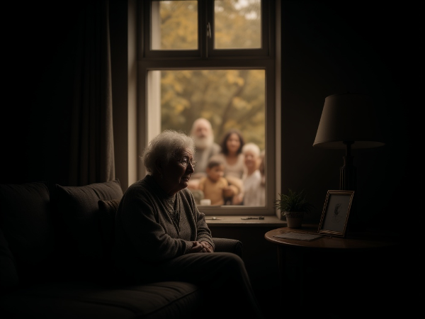 Isang matandang babae na nakatingin sa labas ng bintana, may kalungkutan sa mukha habang may di-nakikitang pader na humahadlang sa kanya at sa masayang pamilya sa kabilang bahagi ng silid.