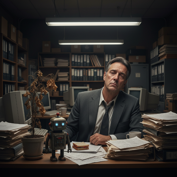 Isang larawan ng isang pagod na middle-aged na lalaki sa opisina, na sumisimbolo sa burnout at kawalan ng kahulugan pagkatapos ng mahabang karera.