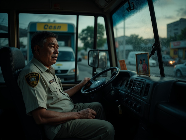 Isang pagod na drayber ng bus na nakaramdam ng burnout, nag-iisa sa depot na may malungkot na ekspresyon.