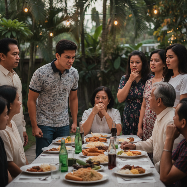Isang eksena sa family reunion kung saan ang isang lalaki ay nakikipagharap sa kanyang tito, na nagpapakita ng pagtatanggol sa sarili at galit habang ang iba ay nanonood.