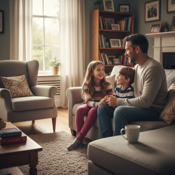 Isang larawan ng isang ama at dalawang ampon na anak na nag-uusap nang mahinahon sa loob ng kanilang tahanan, na nagpapakita ng pagmamahal at bukas na komunikasyon.